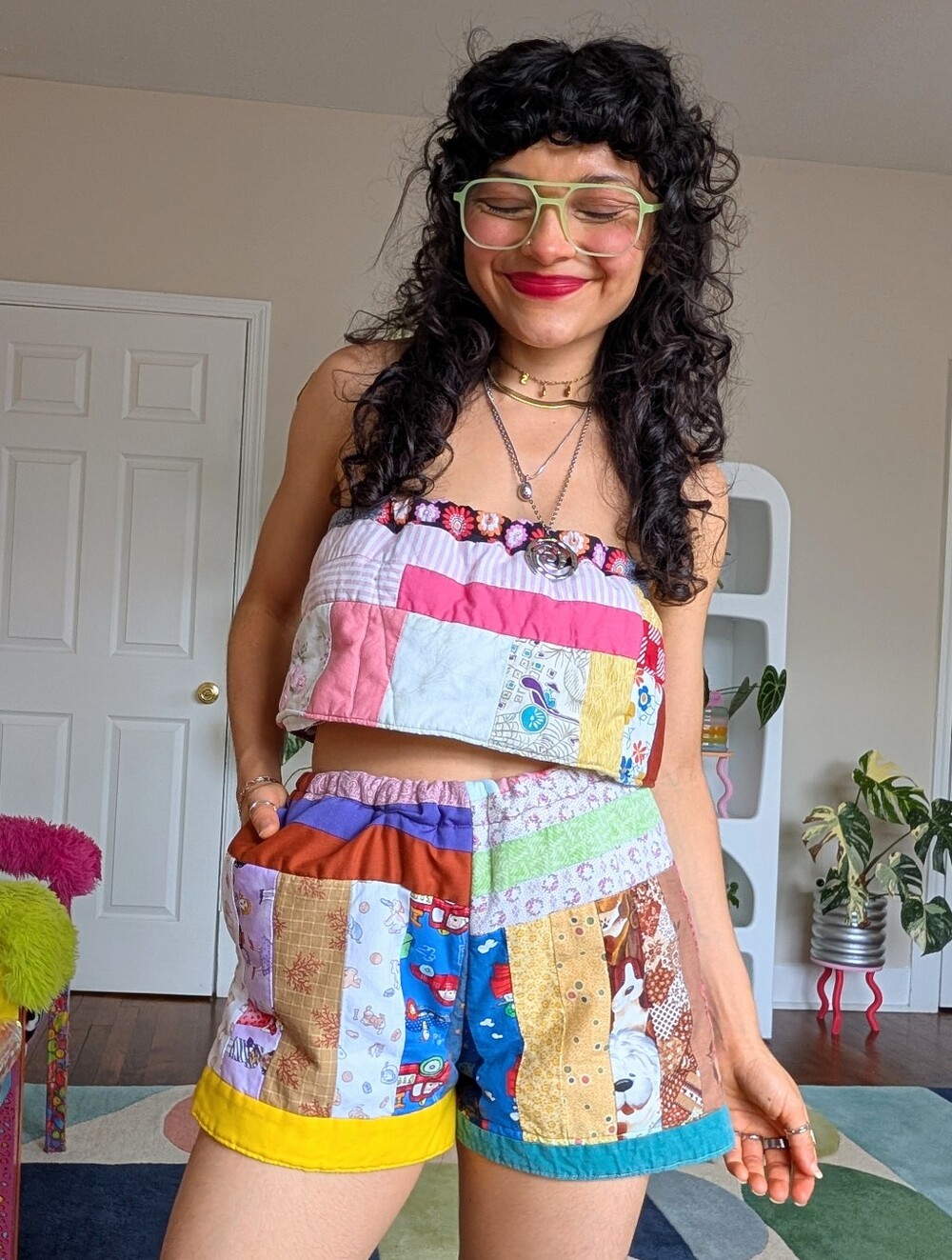 Upcycled quilted patchwork shorts and crop top set